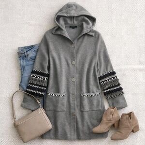 Tricotto Gray Hooded Cardigan Sweater Fringe Ruffle Sleeve Button Front Womens M